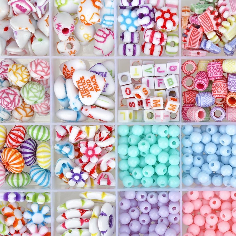 WELCOMY طقم خرز DIY مكون من 850 قطعة مع لفافة، مقص و 3 دبابيس شعر، 24 نوعًا وشكلًا مختلفًا من خرز الأكريليك الملون لتدريب الكسل البصري في صندوق، حرف خرز قلادة وسوار للأطفال - Image 4
